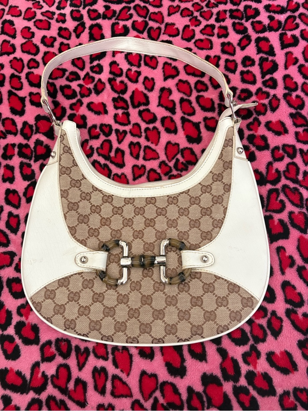Gucci Beige GG Canvas Shoulder Bag with White Leather Trim